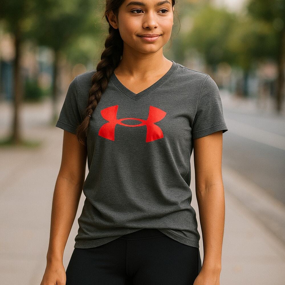 Under Armour Girls Shirt Sz L Loose HeatGear Tee Gray Neon Orange V-Neck